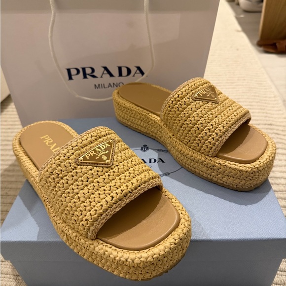 Prada Beige Raffia Platform Slide Sandals - Picture 2 of 6